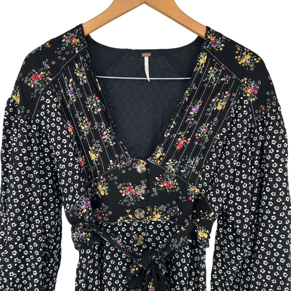 Free People Black Wonderland A-Line Mini Dress Floral Print Long Sleeve  Flowy - Picture 1 of 7